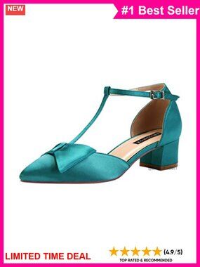 Women Pointy Toe T-Strap Satin Low Block Heel Wedding Pump